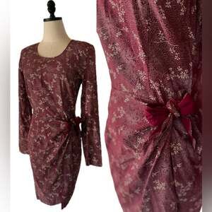 Vintage Floral Print Wrap Dress Bow Detail Size Medium Burgundy Long Sleeve Midi